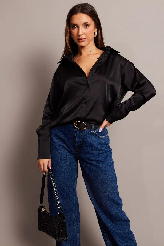 silk women's topsBlack Satin Shirt Long Sleeve