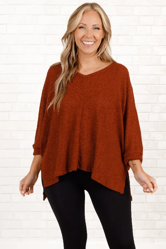 women's tops for those who want to create stylish and put-together outfits without spending a fortuneNo Changes Pullover, Dark Rust