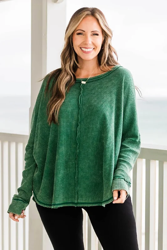 women's tops for those who love to mix and match prints and patternsCozy Waffle Pullover, Dark Green