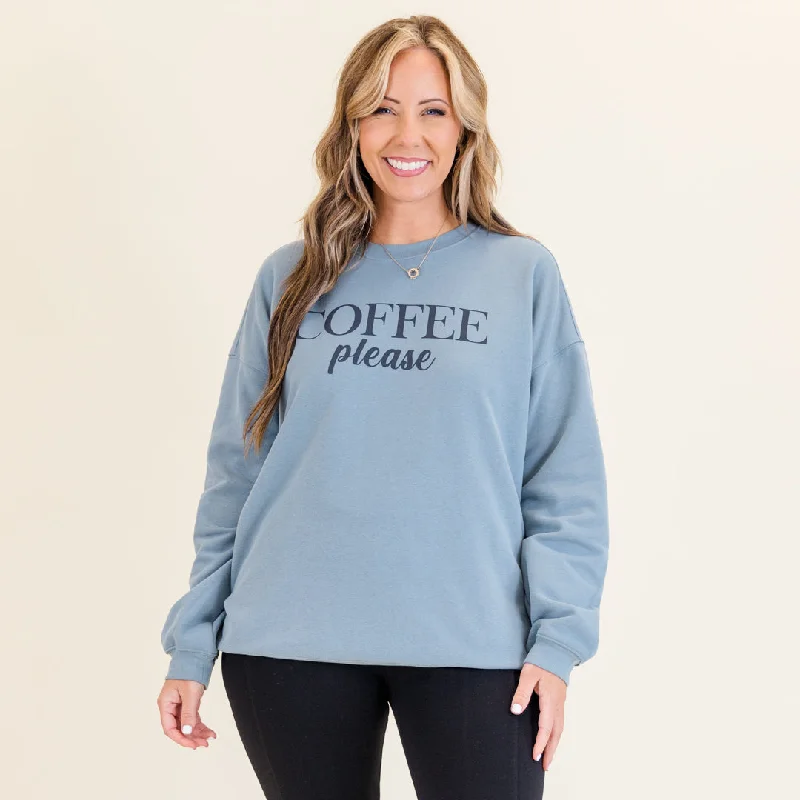 women's tops with beading accentsCoffee Please Pullover, Denim