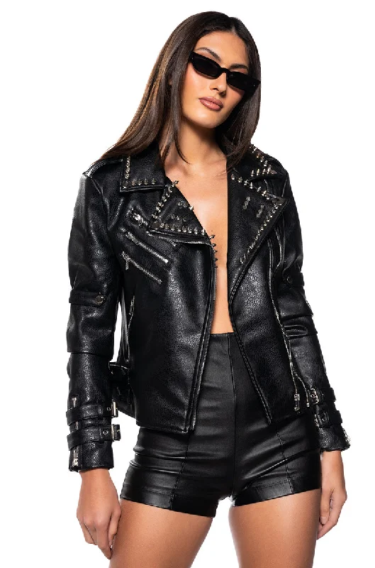 women's coats with cropped lengthsDISTURBIA EMBELLISHED MOTO JACKET