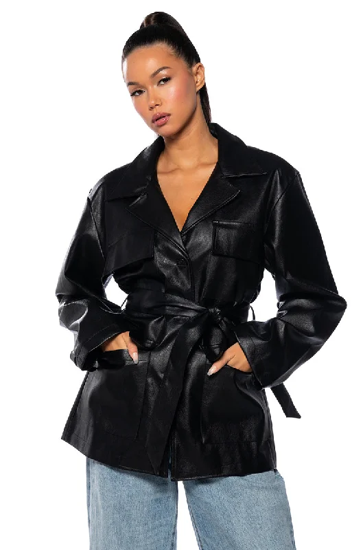 leather coats for womenTIE FRONT MOTO JACKET IN BLACK