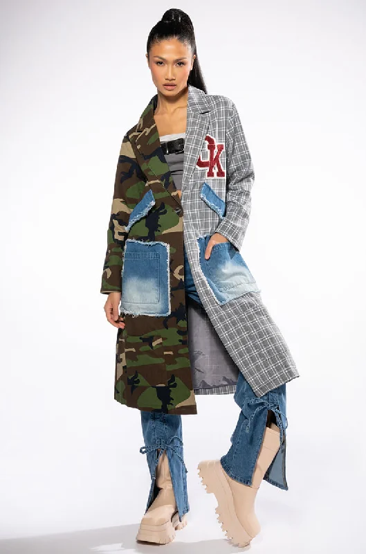 women's coats with adjustable sleevesTOWSON HALF PLAID HALF CAMO TRENCH