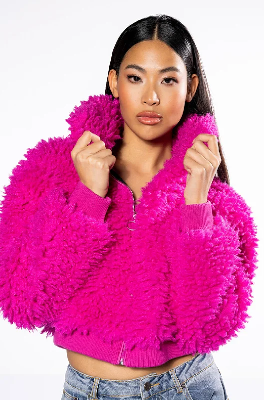 women's coats for apple-shaped bodiesSHAGGY FAUX FUR ZIP UP JACKET