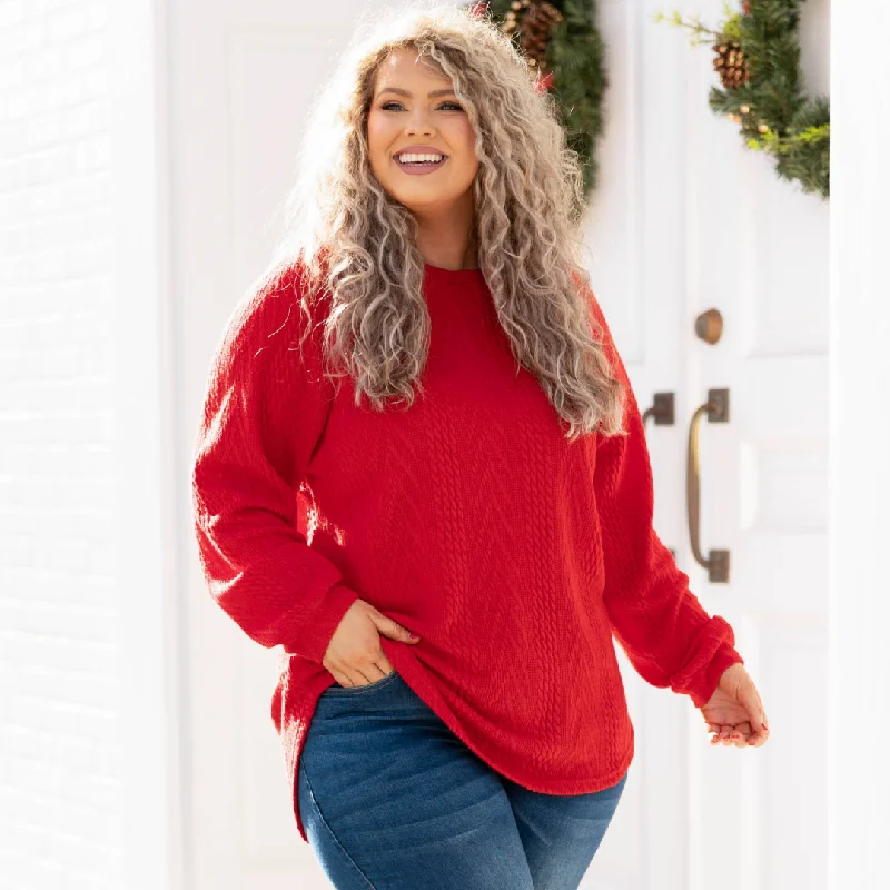 plus-size women's topsSlouchy Cableknit, Holiday Red