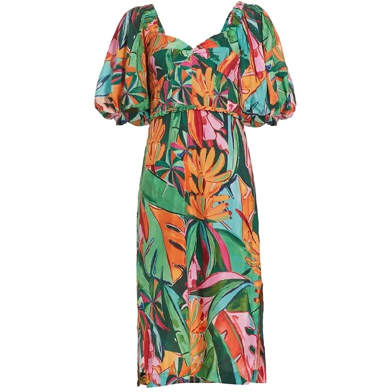 women's travel dressesFARM Rio Women's Puffed Sleeve Midi Dress, Banana Foliage Multicolor