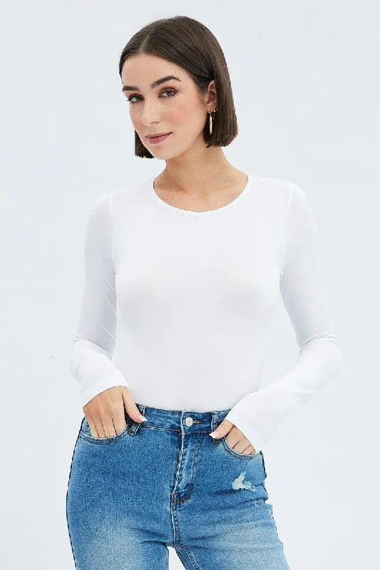 women's tops with flutter sleevesWhite Bodysuit Long Sleeve Crew Neck Seamless