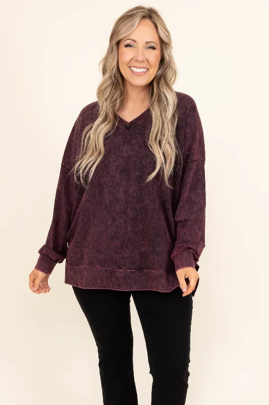 women's tops for casual FridaysCome On Over Pullover, Dark Burgundy Mineral Wash