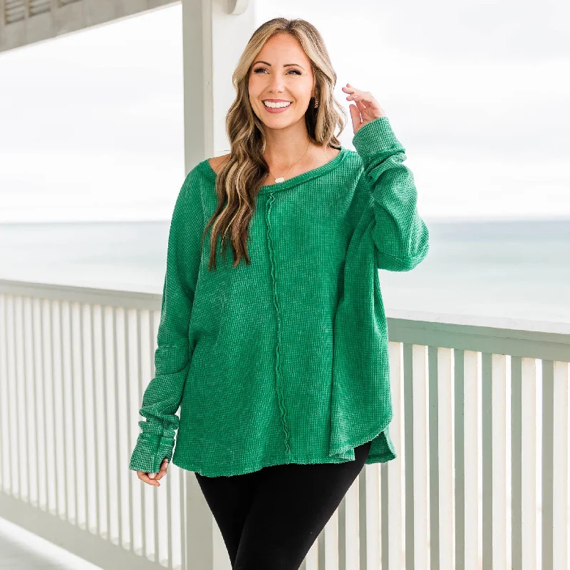 women's tops made from cottonCozy Waffle Pullover, Kelly Green