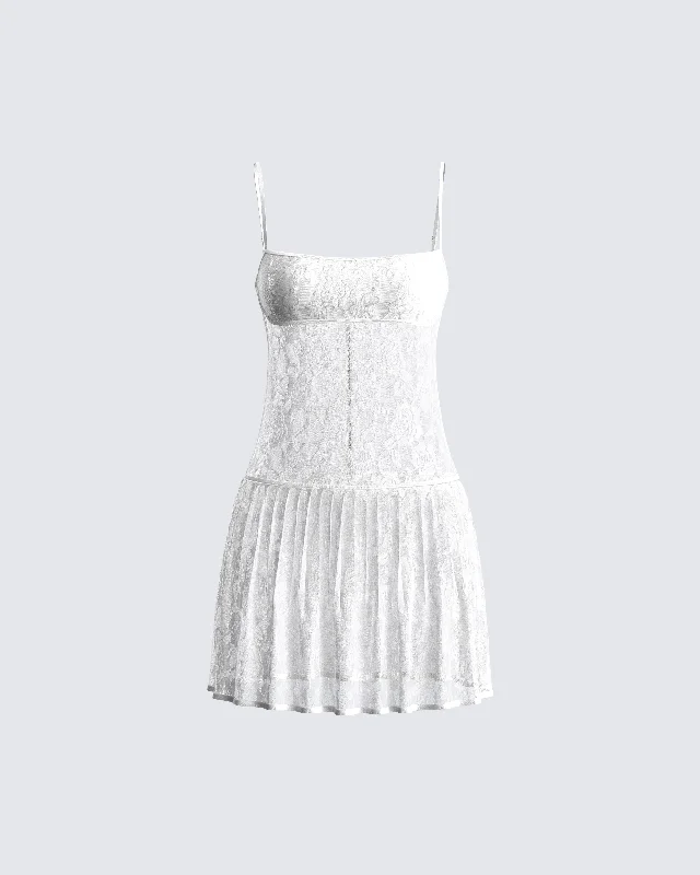 women's glam dressesZera White Lace Pleated Mini Dress