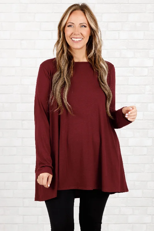 women's tops for those who want to add a pop of color to their outfitsBe Honest With Me Tunic, Dark Burgundy