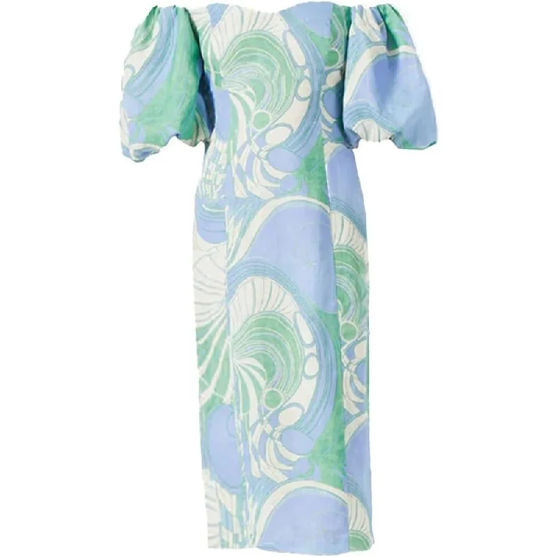 Cocktail DressRhode Women's Karima Linen Puff Sleeve Midi Dress, Periwinkle Deco Surf Grande