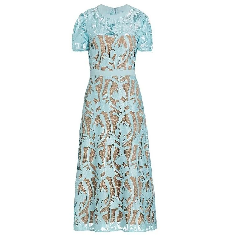 women's casual Friday dressesSelf Portrait Women's Light Blue Lace Short Sleeve Midi Dress