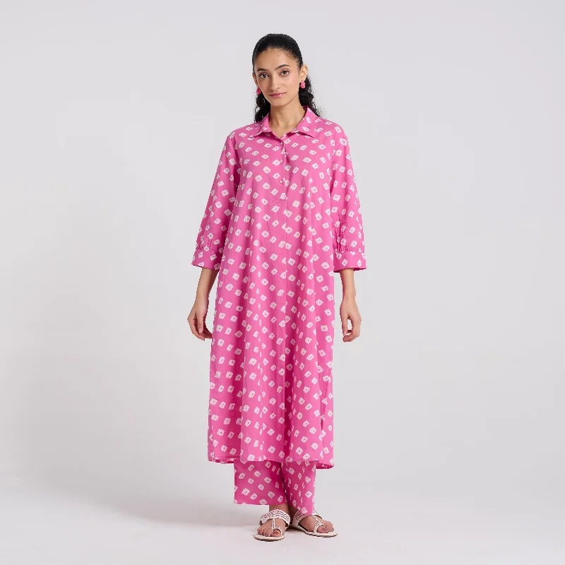 Pink Breezy Pure Cotton Kurta Pant Set with Shirt Collar