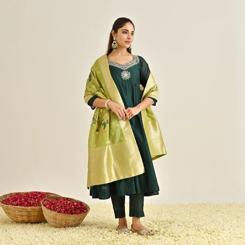 Emerald Green Festive Anarkali Set with Brocade Dupatta