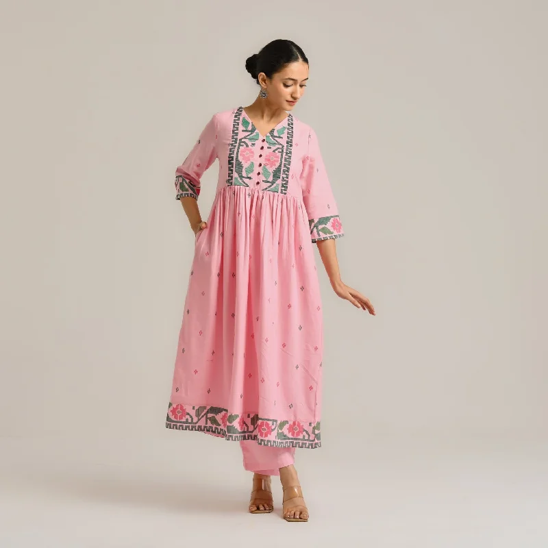 Pink Linen Cotton Jamdani Inspired Kurta Set