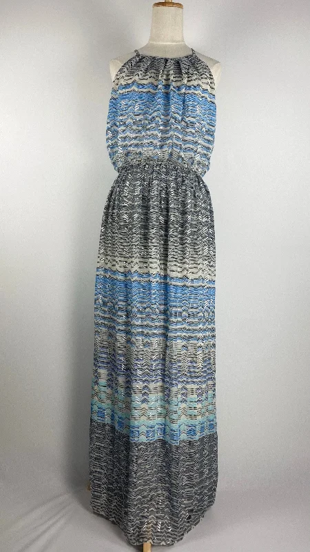 Retro DressSpaghetti Straps Maxi Print Dress, Blue and Beige