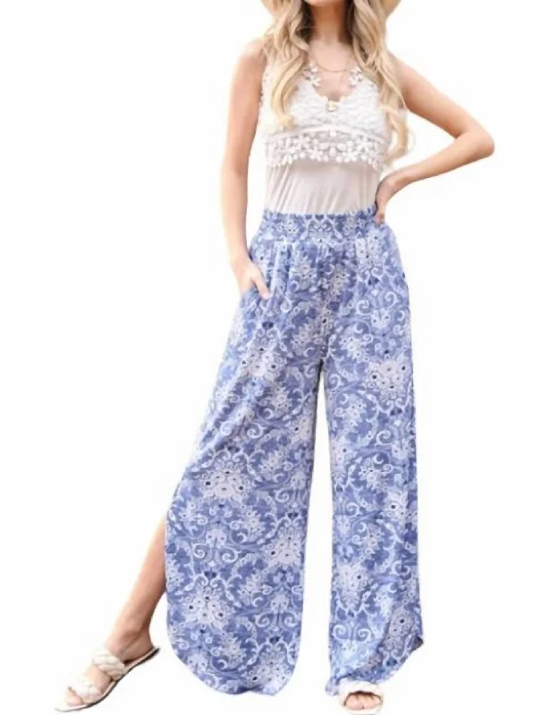 women's adventure pantsSmocked Floral Side Slit Pants In Blue