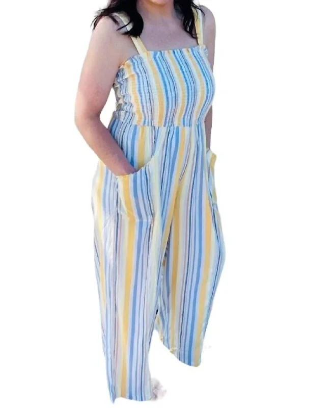 women's elegant pantsSmocked Jumpsuit In Yellow And Blue Stripes