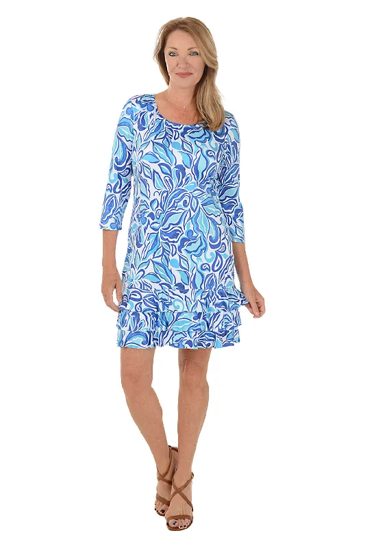 Retro DressBlue Hibiscus 3/4 Sleeve Ruffle Dress