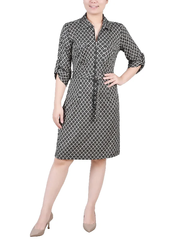 Custom DressPetite Belted Roll Tab Zip Front Shirtdress