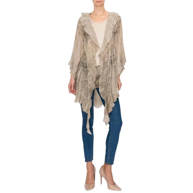 Fashionable Luxurious Chunky SweatersChelsea Ruffled Cardigan In Taupe