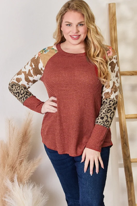 Trendy SweatersFull Size Leopard Waffle-Knit Blouse