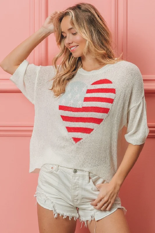 Children's SweatersStriped Heart Contrast Knit Top