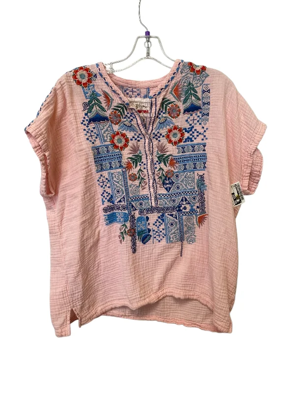 women's tops with ruffled hemsTop Short Sleeve By Johnny Was In Pink, Size: Xl